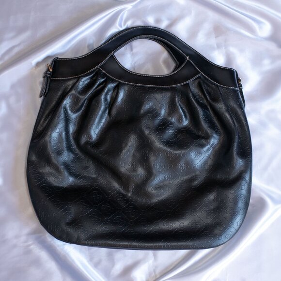 Guess Debossed G-Logo Rhinestone Handbag Faux Leather Satchel Vintage Black - Picture 3 of 9